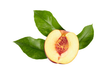 halved ripe peach fruit with core and green leaves isolated on white or transparent png
