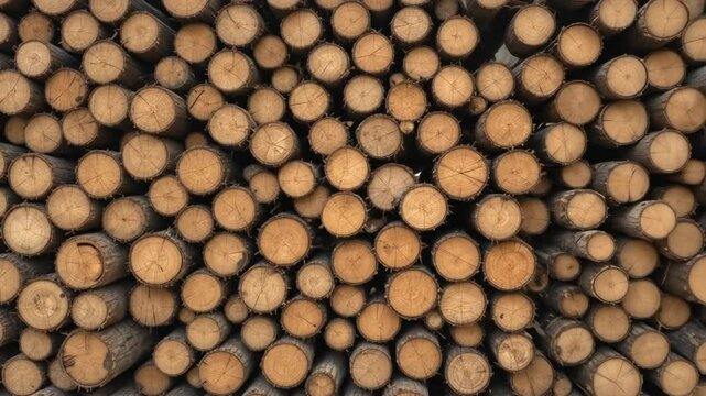A pile of neatly arranged logs at a lumberyard displays natural texture and color. 4k video