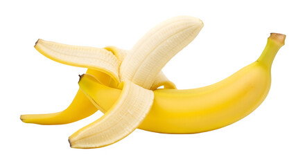 Partially peeled ripe yellow banana isolated on transparent background