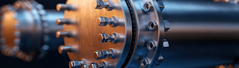Close-Up View of Industrial Metal Pipe Connections with Bolts and Surface Details for Engineering and Manufacturing Applications