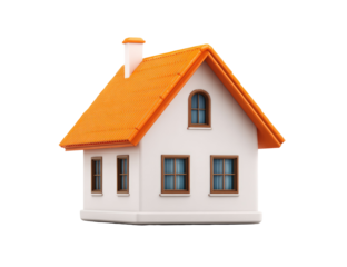 3D model of a small, stylized house with an orange roof. A simple, white exterior displays evenly spaced windows with brown trim
