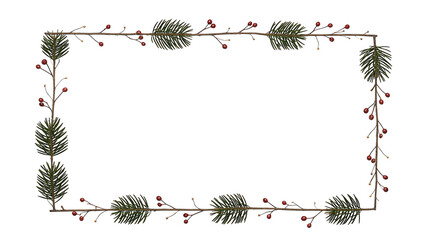 Christmas frame made of fir branches and red berries isolated on transparent background
