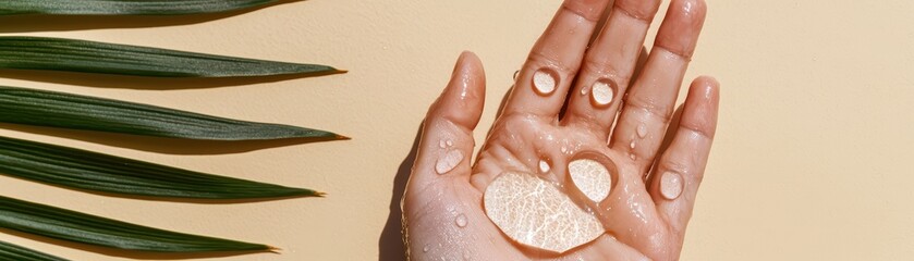 Fototapeta premium Close-up of a human hand with water droplets on light background, featuring palm leaves for a fresh, tropical feel
