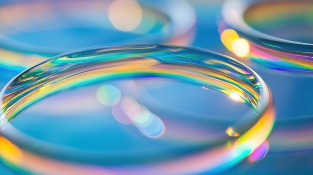 Diffraction light rings soap bubble iridescent surface prismatic rainbow spectrum optical interference patterns blue bokeh background abstract macro