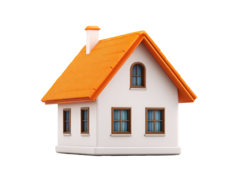 3D model of a small, stylized house with an orange roof.  A simple, white exterior displays evenly spaced windows with brown trim