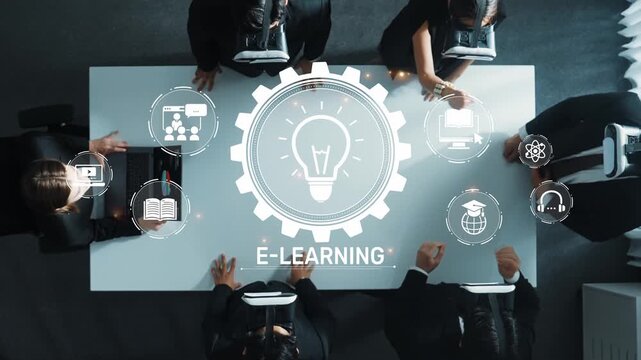 A modern workspace featuring business professionals collaborating on e-learning initiatives, utilizing innovative technology to enhance educational strategies and outcomes. Raster