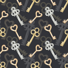 Watercolor seamless pattern with keys. Hand-drawn print with vintage keys. Keys made of gold, silver, and copper. Vintage design and decoration. Wrapping paper, scrapbooking.