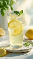 Fototapeta premium Close-up overhead image of classic lemonade drink presented in a clear glass.