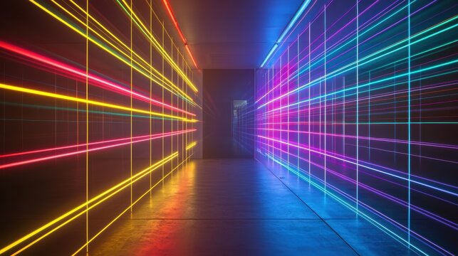 Diffraction laser bands creating vibrant geometric grid patterns with intersecting coherent light beams in futuristic digital environment showcasing optical interference