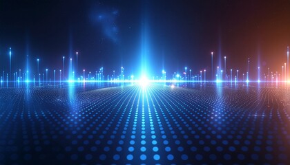 Digital network abstraction with bright blue light beams and glowing dots on a dark background