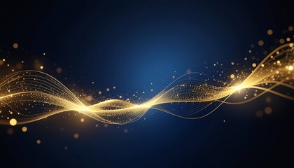 Abstract golden light waves flowing on a dark blue background, digital art with bokeh effect