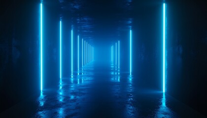 Dark hallway illuminated by glowing vertical blue neon tubes creating a futuristic sci-fi scene with reflections