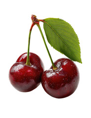 Two ripe, dark red cherries with a single green leaf attached.  Close-up, isolated on black.  Shiny, plump fruit with visible stem and small leaf details