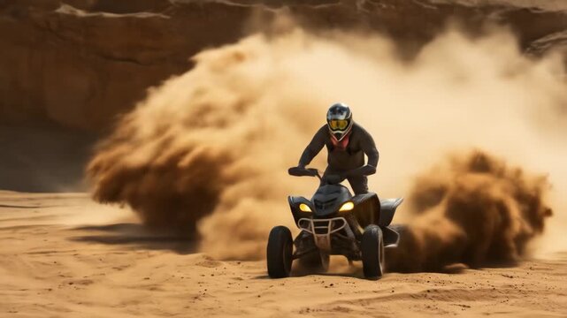 An extreme off-road adventure with a quad bike or ATV motorcycle rider speeding on a desert dirt road