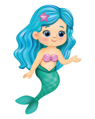Adorable little mermaid character with long blue hair and green tail. Colorful  illustration for kids’ design, fairytale themes, underwater stories, and ocean decorations.