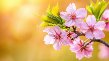 Fototapeta premium Delicate Pink Cherry Blossom Branch against a Soft Golden Background in Springtime Serenity for Nature Lovers