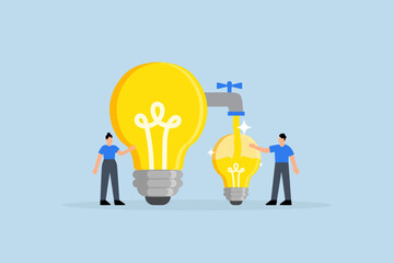 Sharing idea, business people transfer idea to new lightbulb.