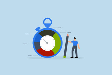 Time tracking system, businessman stands with stopwatch timer and time spent pie chart.