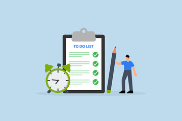 To do list, efficient entrepreneur with notepad and task list clipboard accompanied by timer.