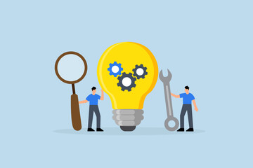 Product development, entrepreneur with magnifying glass and lightbulb concept with gears.