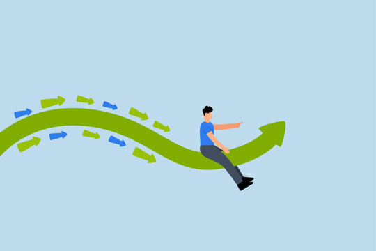 Business trend, entrepreneur riding trend arrow accompanied by small followers.