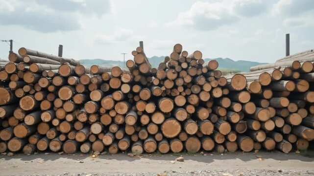 A pile of neatly arranged logs at a lumberyard displays natural texture and color. 4k video