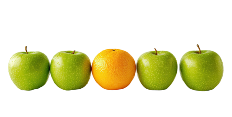 Five fruits in a row;  four green apples and one orange