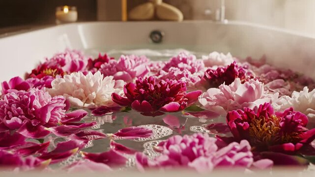 豪華なバスタブにピンクの牡丹の花が浮かぶ、美的センスあふれるスパの映像。セルフケア、ウェルネス、リラクゼーションのコンセプト.