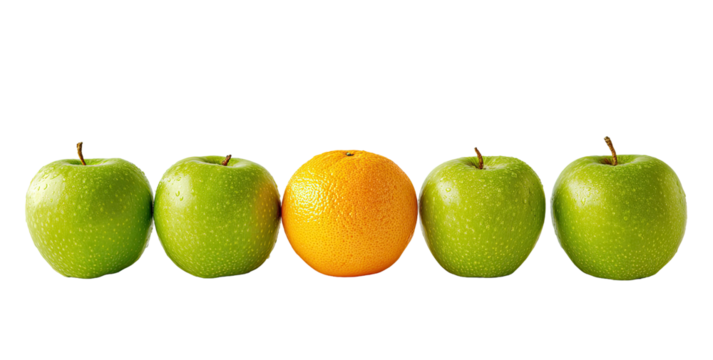 Five fruits in a row;  four green apples and one orange