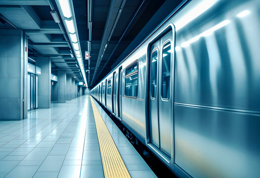 A sleek subway train waits at an underground station with its doors closed under bright overhead lights creating a sense of urban movement travel and modern city life