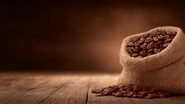 Rustic burlap sack filled with fresh coffee beans on wooden surface