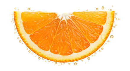A vibrant half orange slice isolated on transparent background with juice drops