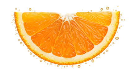 A vibrant half orange slice isolated on transparent background with juice drops