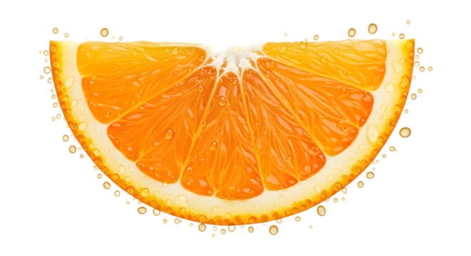 A vibrant half orange slice isolated on transparent background with juice drops