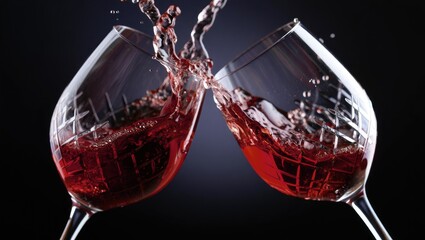 Pouring splashing red wine into two glass on dark background. Concept for celebration, wine tasting. Studio photo.