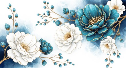 Sophisticated floral display isolated on white background showcasing white and teal peonies with golden touches, creating a luxurious and artistic composition