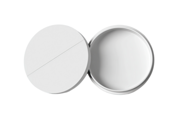 Two round, white lids of a container, open.  One lid over the other, showing interior