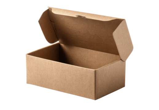 Empty, light brown cardboard box, open