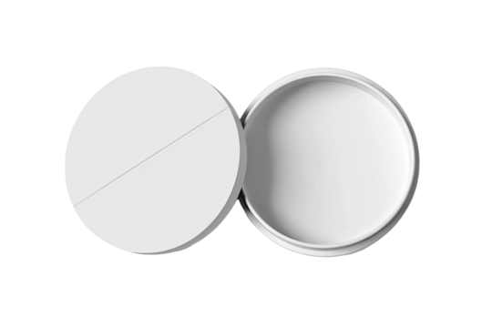 Two round, white lids of a container, open.  One lid over the other, showing interior