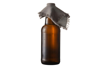 Craft beer bottle with rustic cloth, perfect for brewery branding, bar promotions, or food and beverage advertising with a vintage, handcrafted feel
