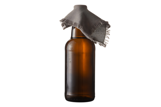 Craft beer bottle with rustic cloth, perfect for brewery branding, bar promotions, or food and beverage advertising with a vintage, handcrafted feel