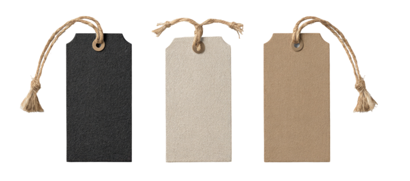 Three blank rectangular tags, black, cream, and beige, with knotted twine loops