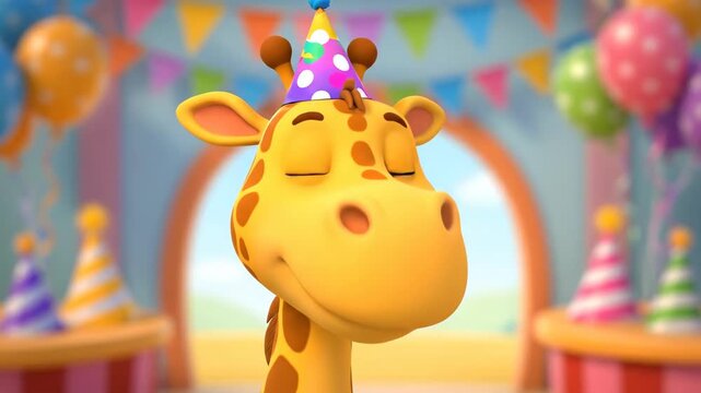 Animated giraffe character celebration with balloons and party decorations