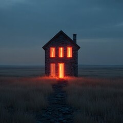 Fototapeta premium Illuminated Home Amidst Tranquility: A solitary house stands serene in a vast, open field, its windows and doorway warmly aglow against the backdrop of a calm, overcast dusk. 