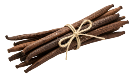 Bundle of vanilla beans tied with twine isolated on transparent background