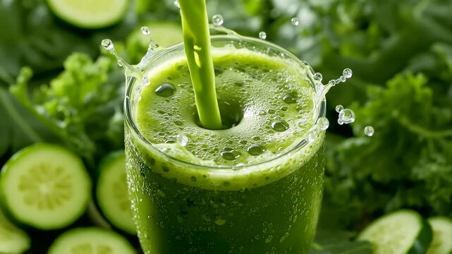 Fresh green vegetable juice being poured into glass with cucumber and kale leaves around showing healthy detox drink and organic nutrition