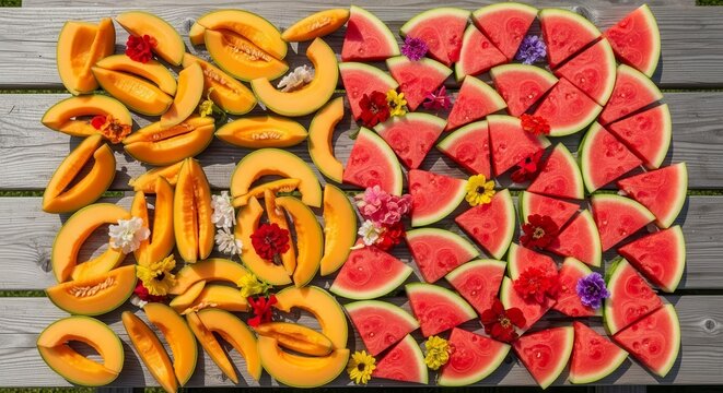 Freshly Sliced Cantaloupe And Watermelon With Floral Accents On A Wooden Table