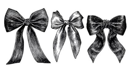 Four stylized, grayscale bows.  Each bow features varied shading and texture, creating a sense of dimension.  Ribbon tails extend outward from each