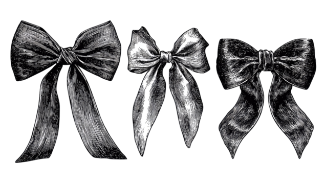 Four stylized, grayscale bows.  Each bow features varied shading and texture, creating a sense of dimension.  Ribbon tails extend outward from each