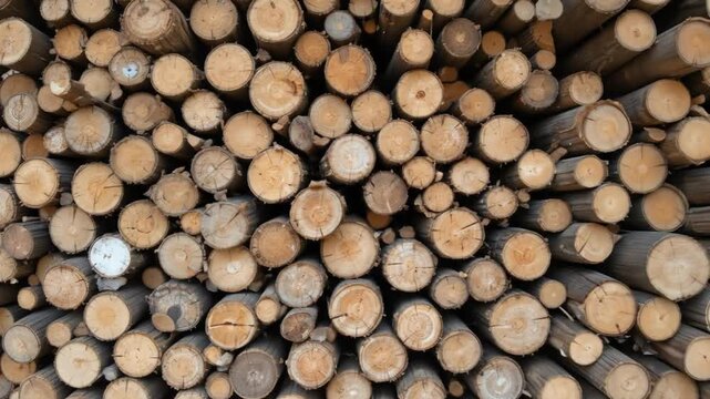 A pile of neatly arranged logs at a lumberyard displays natural texture and color. 4k video